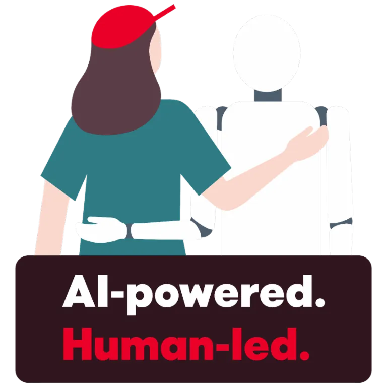Ilustracija prikazuje osobu koja prijateljski stavlja ruku oko robota. Ispod se nalazi tekst "AI-powered. Human-led.", koji simbolizira suradnju između ljudi i umjetne inteligencije.