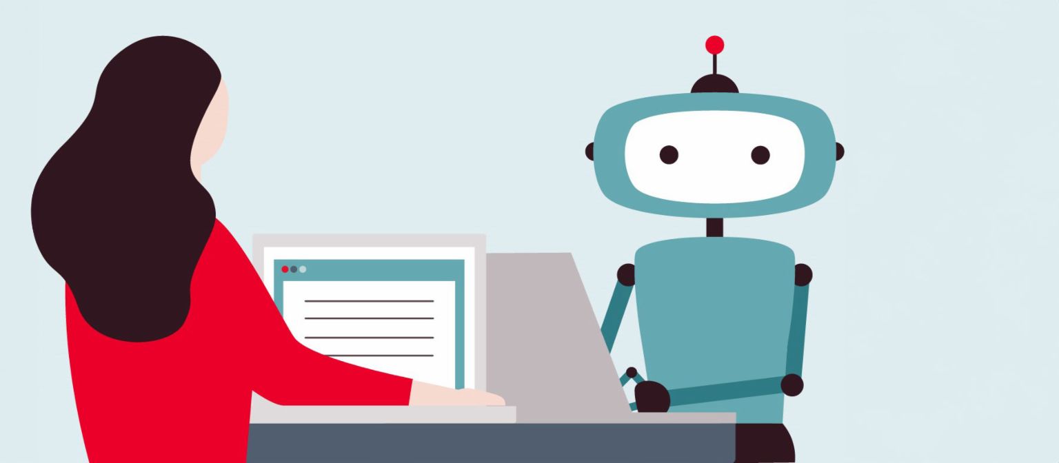 Ilustracija žene ispred računala okrenute prema robotu