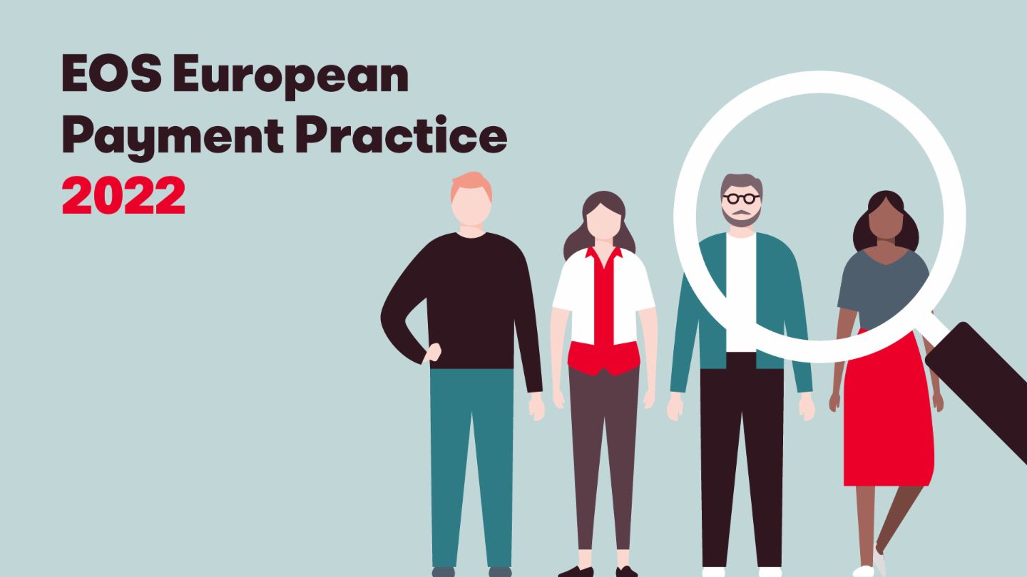 Ilustracija koja prikazuje četiri različite osobe i povećalo, uz tekst "European Payment Practise EOS study 2022". Ova slika predstavlja godišnje istraživanje EOS-a o europskom platnom ponašanju i trendovima.