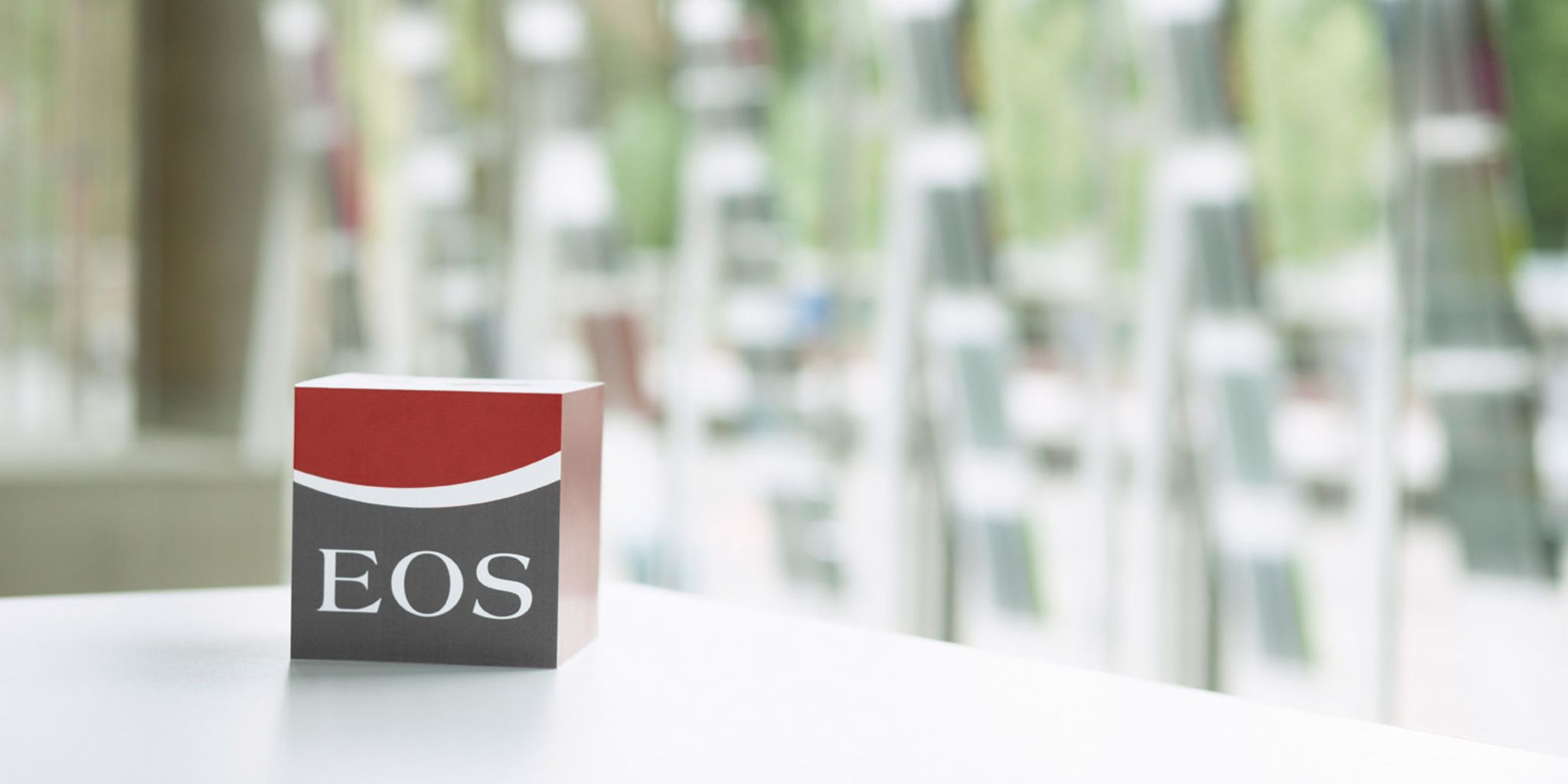 Three-dimensional EOS logo against blurred background
                     