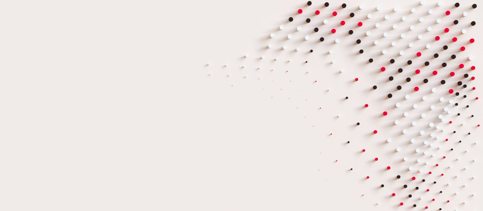 Dinamička grafika s crvenim, bijelim i crnim točkama koja simbolizira kretanje i inovaciju u upravljanju potraživanjima u EOS-u