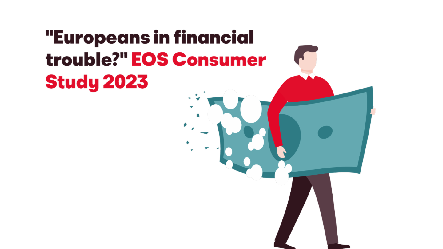  Ilustracija čovjeka koji nosi veliku raspadajuću novčanicu, s tekstom 'Europljani u financijskim problemima? EOS Consumer Study 2023'.