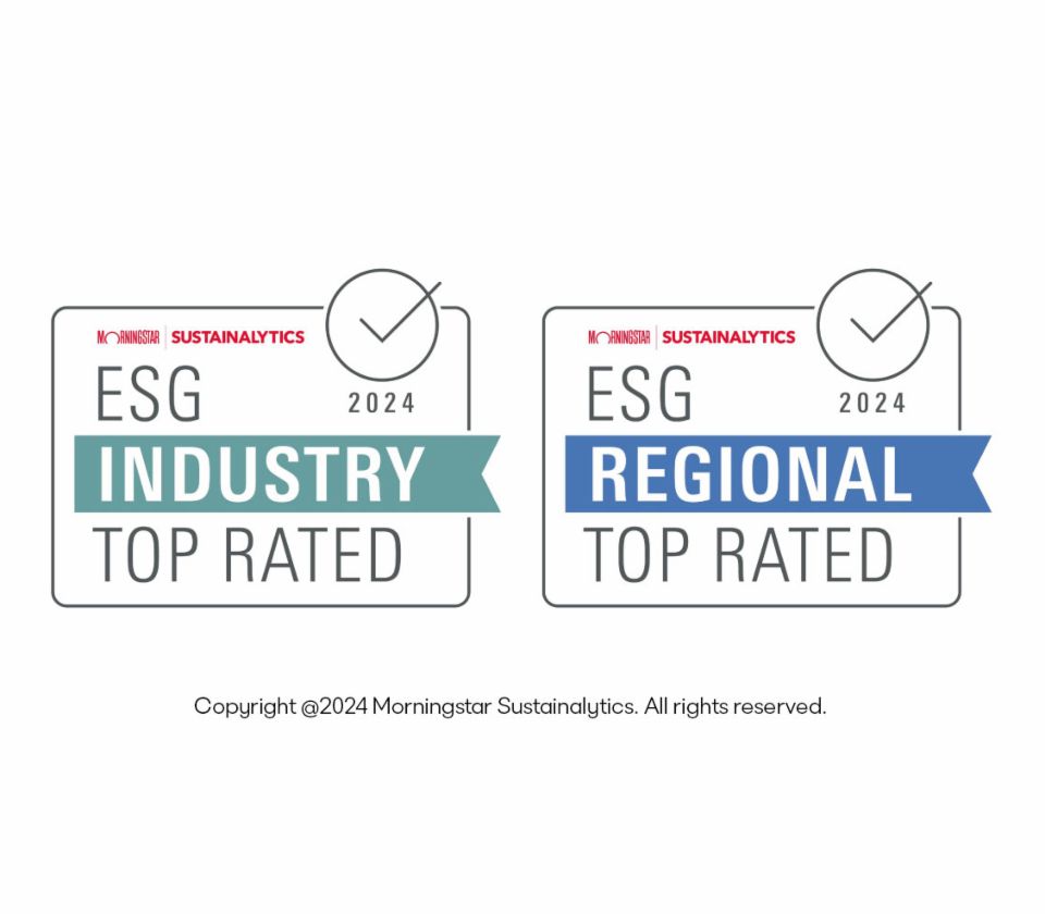 Badges: ESG Regional top rated & ESG Industry top rated - Morningstar Sustainalytics