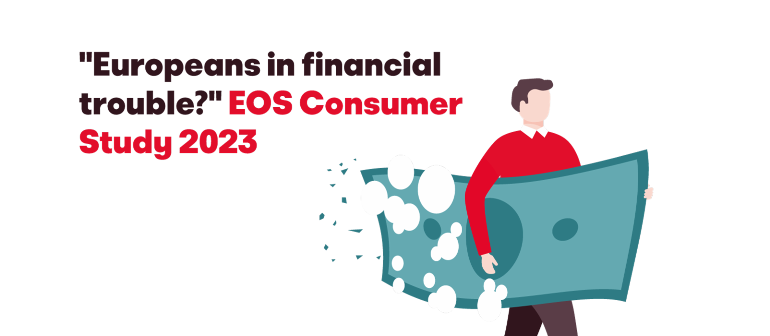  Ilustracija čovjeka koji nosi veliku raspadajuću novčanicu, s tekstom 'Europljani u financijskim problemima? EOS Consumer Study 2023'.