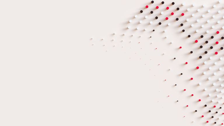 Dinamička grafika s crvenim, bijelim i crnim točkama koja simbolizira kretanje i inovaciju u upravljanju potraživanjima u EOS-u